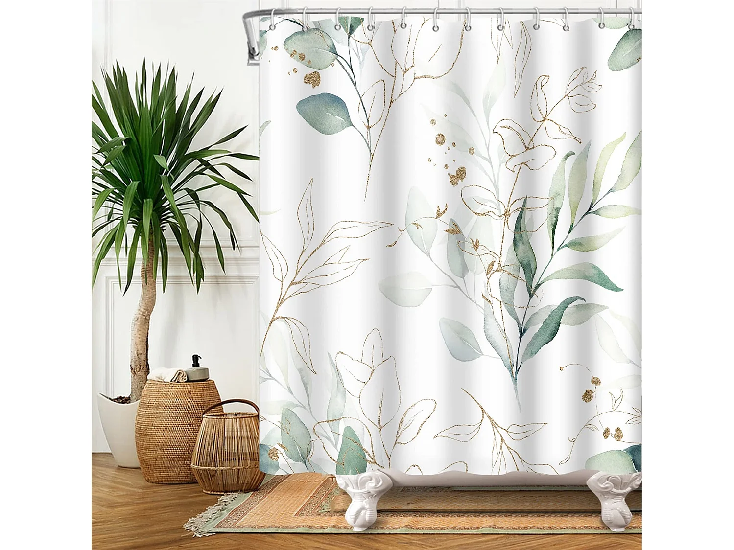 Rideau de douche à fleurs et feuilles, rideau de séparation, rideau de douche imperméable en polyester imprimé, 150*180cm, 12 crochets