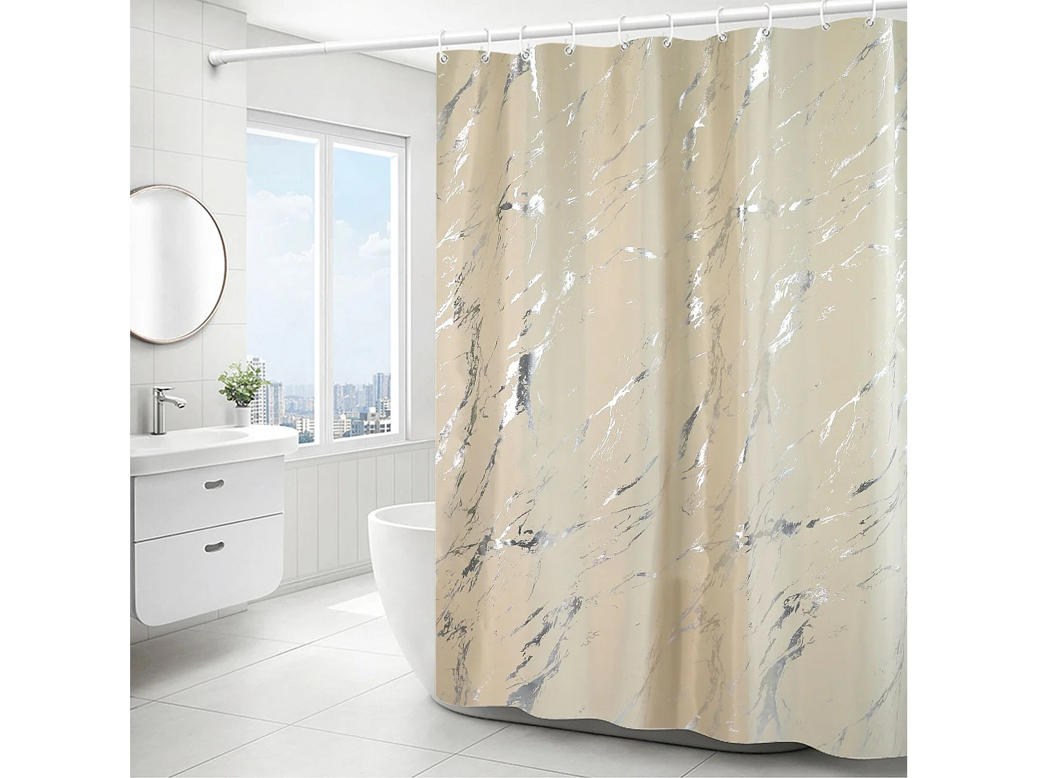 Rideau de douche à motif de marbre 180x180cm, rideau de douche imperméable à motif de marbre de salle de bain de luxe simple et léger, gris