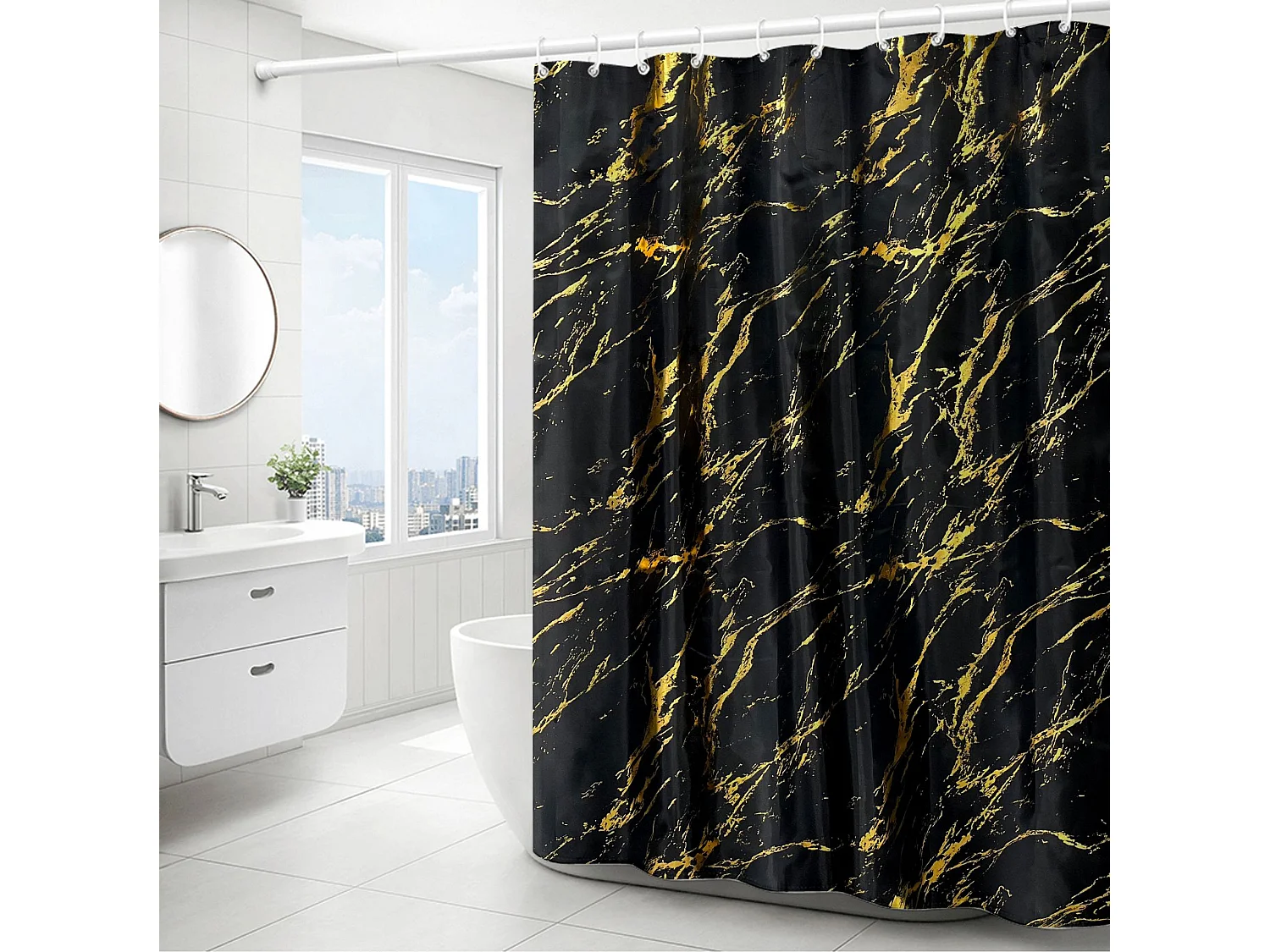 Rideau de douche à motif de marbre 180x180cm, rideau de douche imperméable à motif de marbre de salle de bain de luxe simple et léger, gris