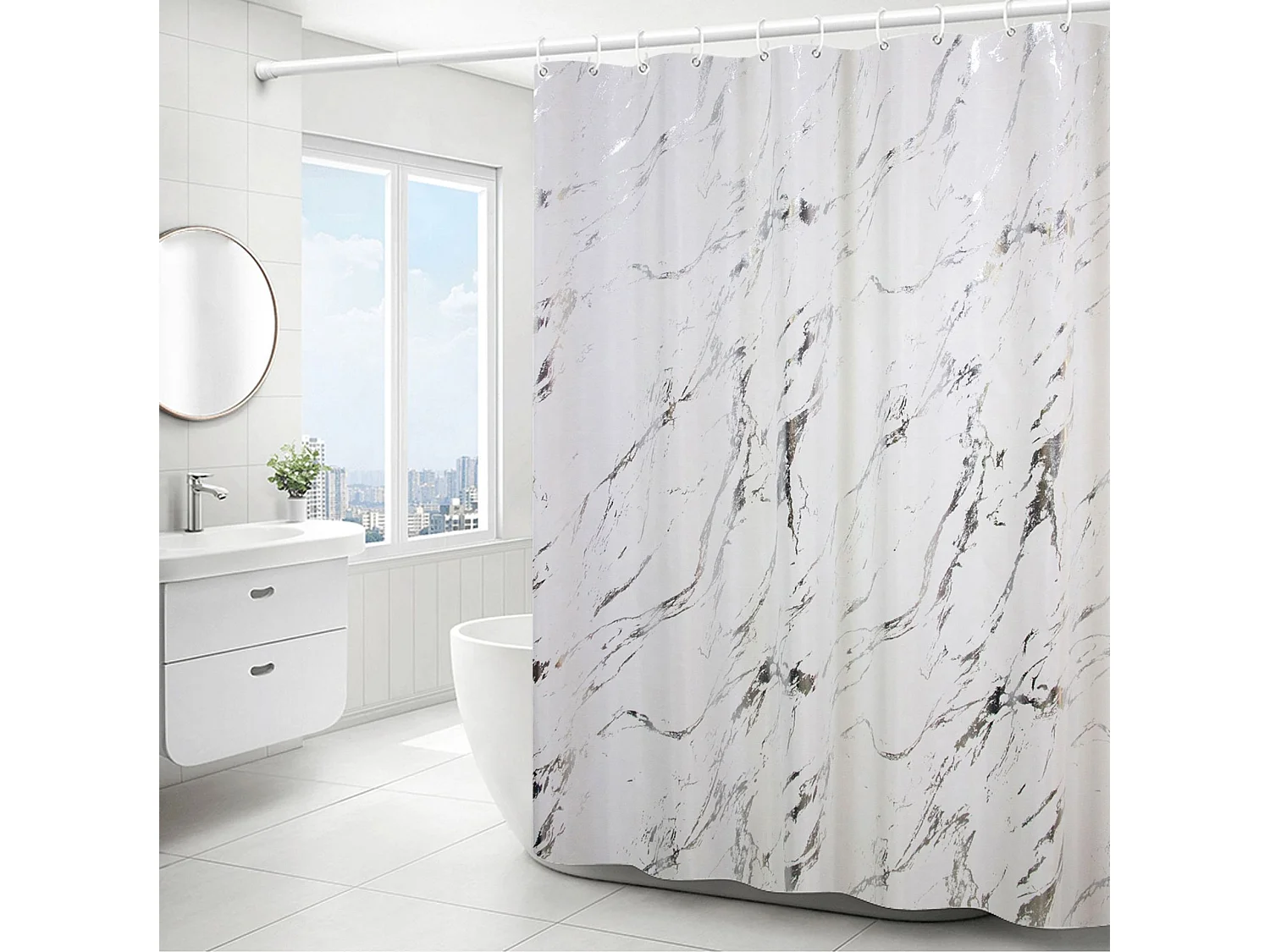 Rideau de douche à motif de marbre 180x180cm, rideau de douche imperméable à motif de marbre de salle de bain de luxe simple et léger, gris