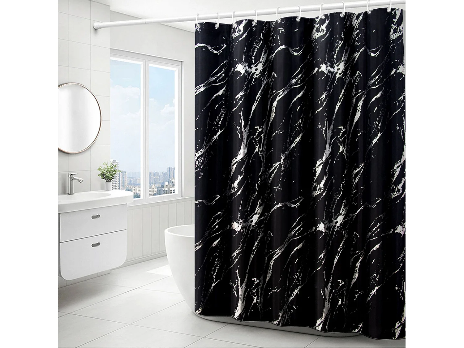 Rideau de douche à motif de marbre 180x180cm, rideau de douche imperméable à motif de marbre de salle de bain de luxe simple et léger, gris
