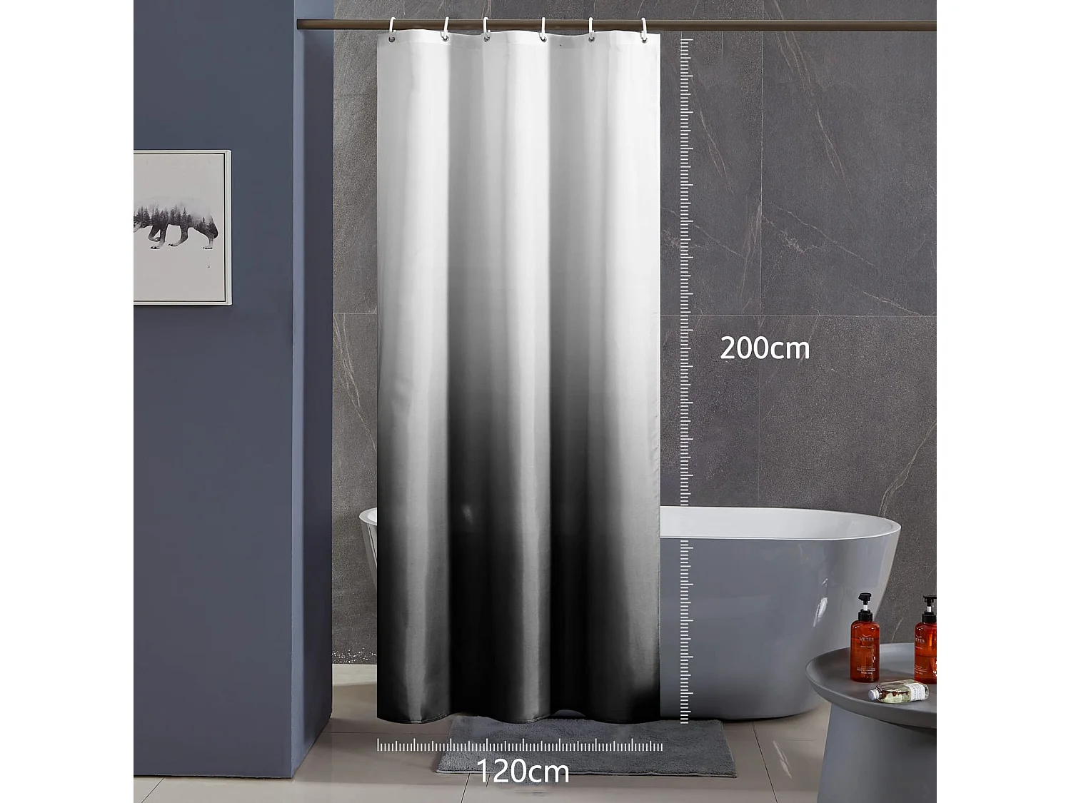 Rideau de salle de bain en polyester imperméable et anti-moisissure, rideau de douche dégradé simple, rideau de salle de bain, noir, 120*200cm