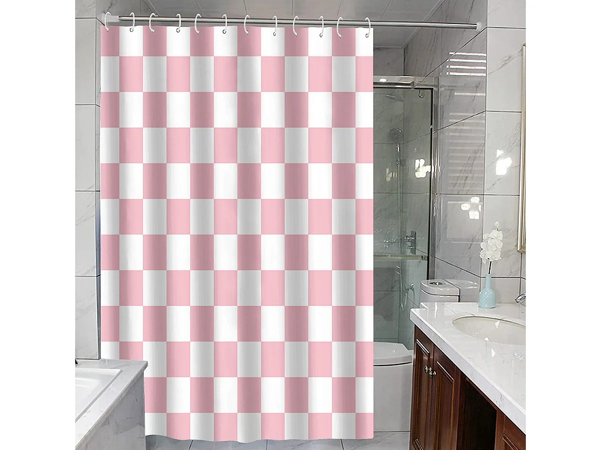 Rideau de douche à carreaux rose et blanc, rideau de séparation imperméable pour salle de bain, rideau de douche en échiquier, 180*180cm
