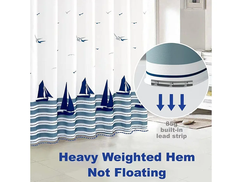 Rideau de Douche Anti Moisissure 180x200,Imperméable Lavable, Océan Rideaux Douche Tissu Polyester avec Crochets pour Baignoire Cabine de Douche,Blanc