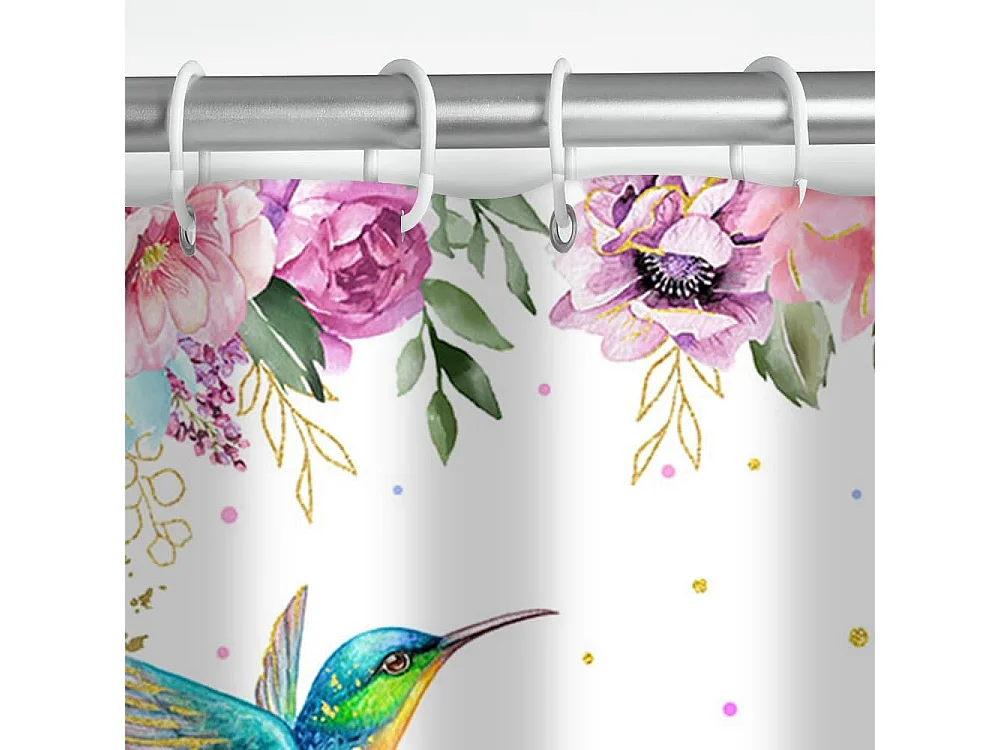Rideau de douche 180 x 180 cm avec motif floral aquarelle et colibri pour salle de bain – Rideau de douche en polyester avec crochets – Rose