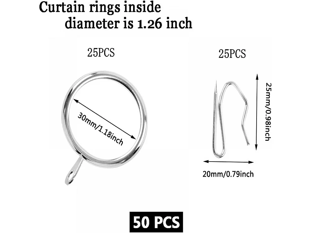 Lot de 25 Anneaux de Rideau en Métal + 25 Crochets, 30 mm, Argent, Pour Fenêtres et Douche