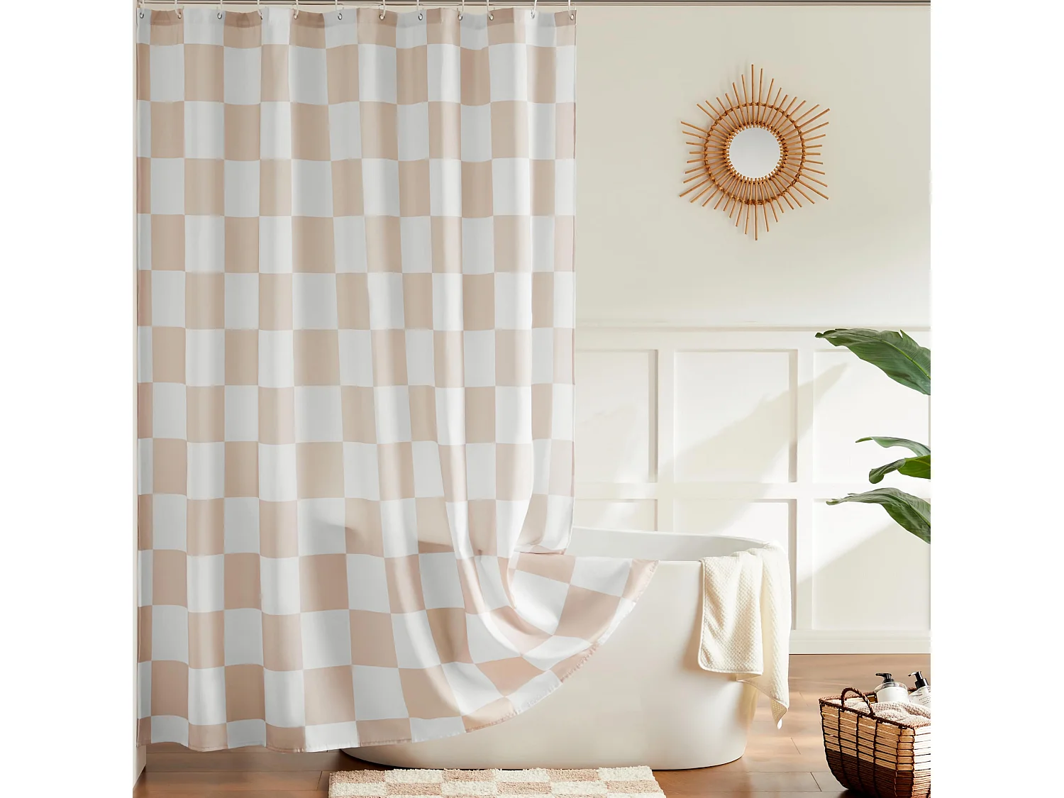 Rideau de douche à carreaux lavable en machine, esthétique rétro, joli rideau de douche à damier rétro, 180*180cm, kaki