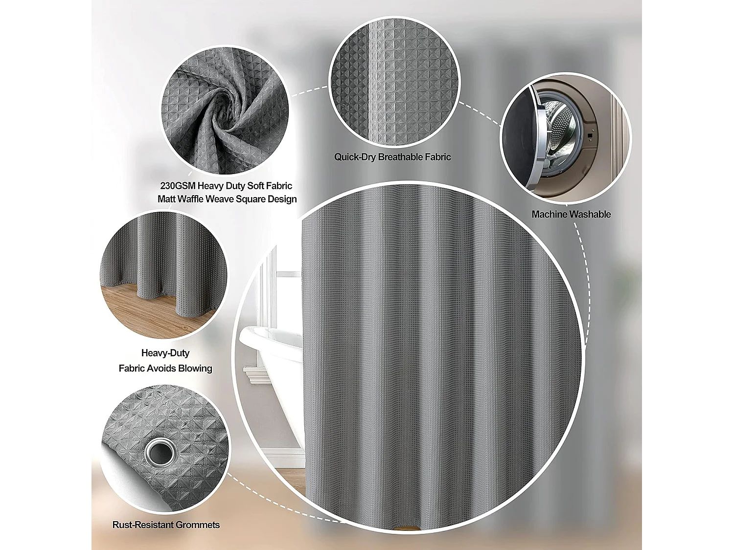 Rideau de douche gris pour salle de bain, tissu gaufré de luxe 230, rideau de douche déperlant simple et durable, 80 x 180 cm