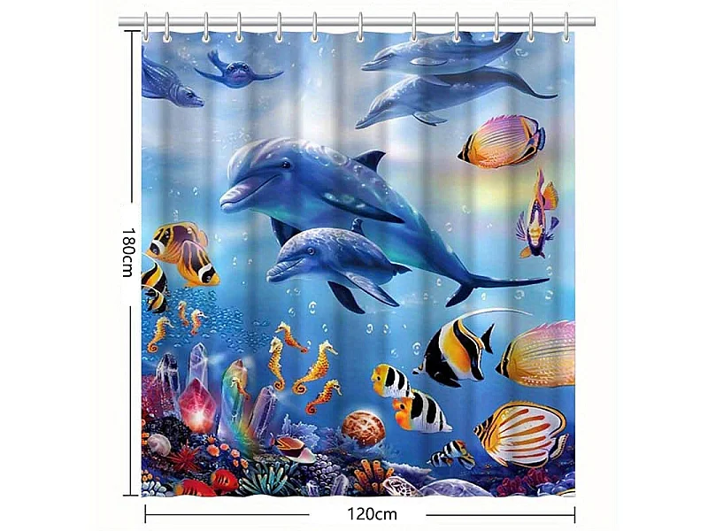 Rideau de douche motif dauphin océan, rideau de douche décoratif pour salle de bain, 120 x 180 cm, 12 crochets