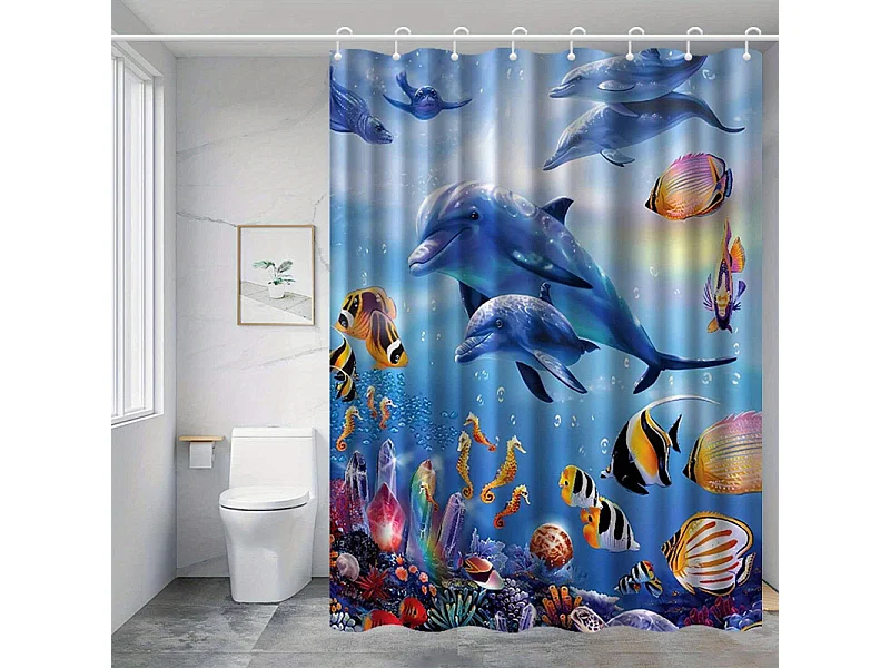 Rideau de douche motif dauphin océan, rideau de douche décoratif pour salle de bain, 120 x 180 cm, 12 crochets