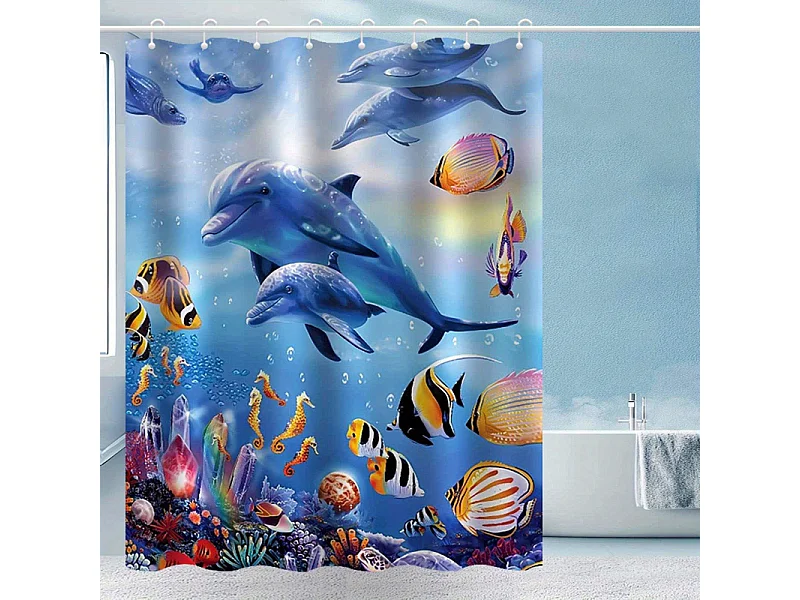 Rideau de douche motif dauphin océan, rideau de douche décoratif pour salle de bain, 120 x 180 cm, 12 crochets