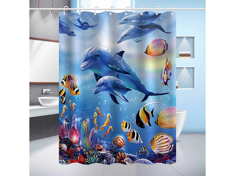 Rideau de douche motif dauphin océan, rideau de douche décoratif pour salle de bain, 120 x 180 cm, 12 crochets
