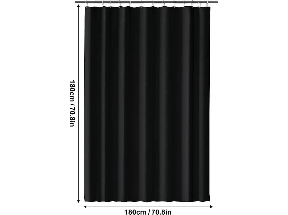 180 x 180 cm - Rideau de douche anti-moisissure - En tissu imperméable et lavable - Avec 12 anneaux de rideau de douche - Noir