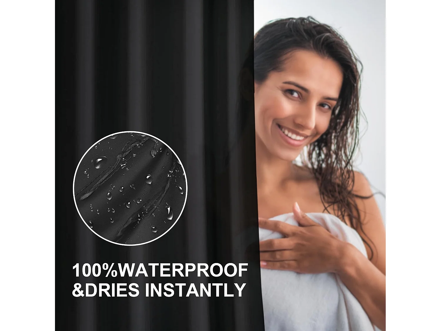 180 x 180 cm - Rideau de douche anti-moisissure - En tissu imperméable et lavable - Avec 12 anneaux de rideau de douche - Noir