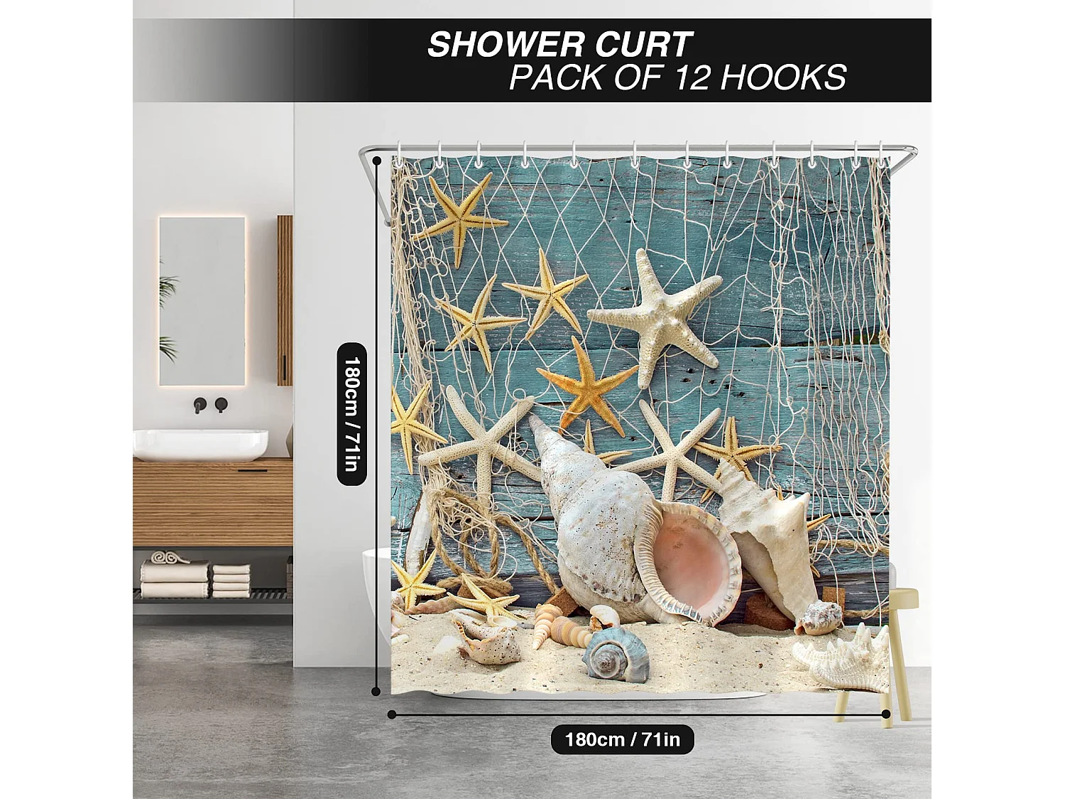 Rideau de douche résistant à la moisissure 100 % polyester avec 12 crochets, 180 x 180 cm (océan)