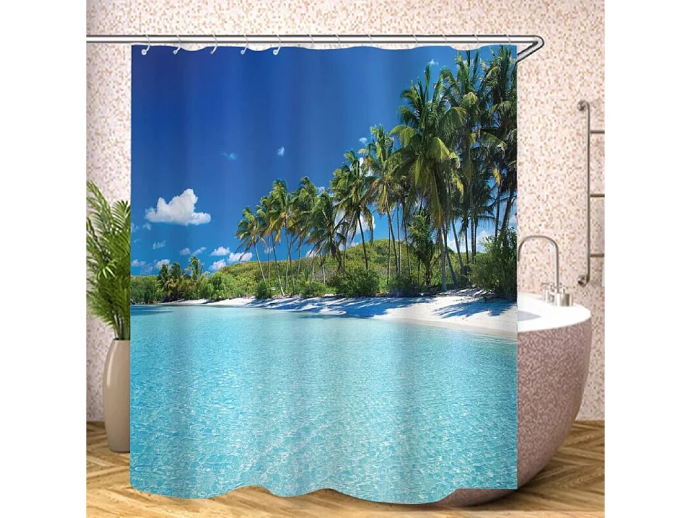 Rideau de douche textile 180 x 180 cm - Imprimé plage - Imperméable - Décorez votre salle de bain