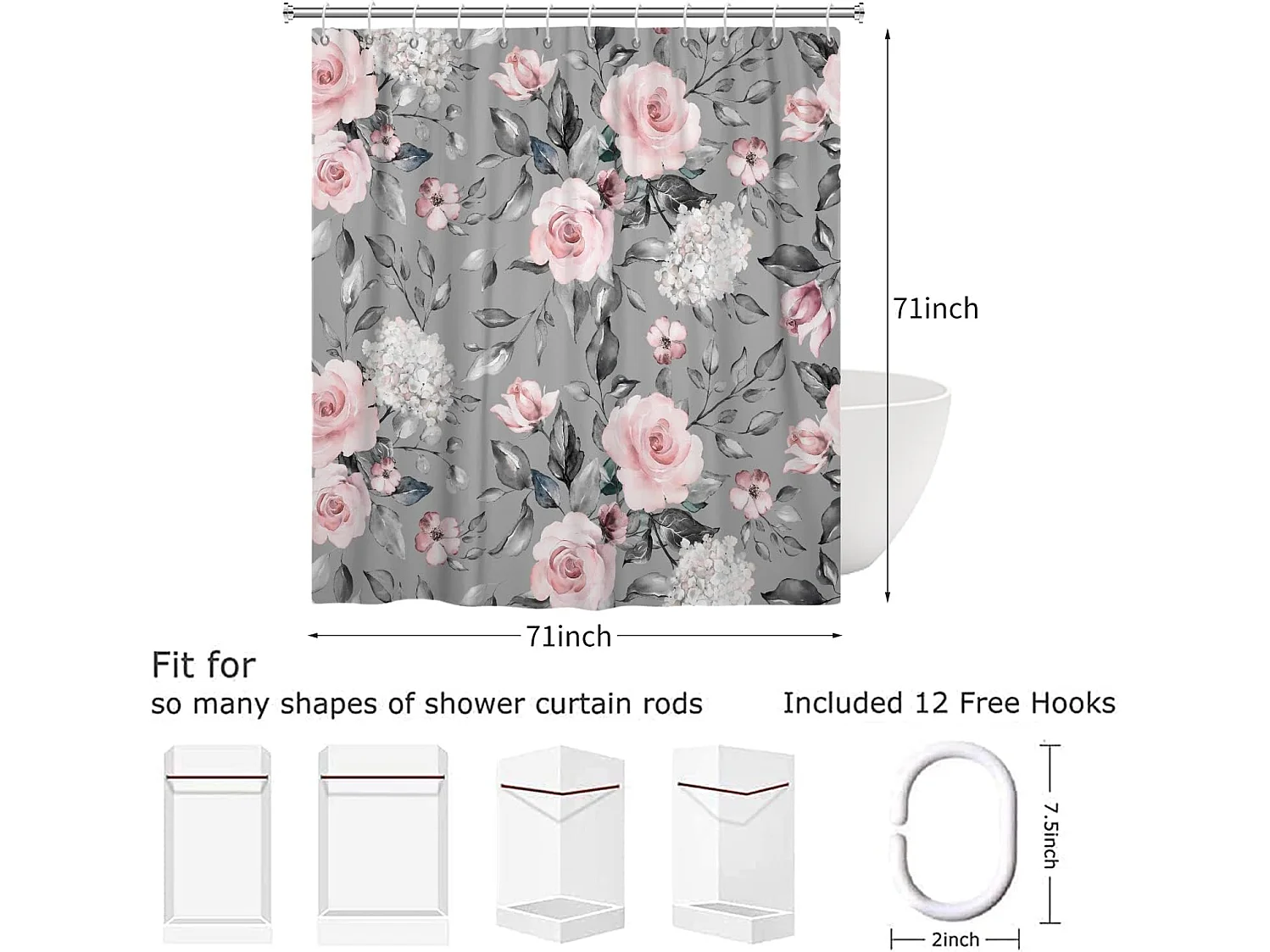 Rideau de Douche Fleurs 180x180, Rose Gris Fleur Rideau de Douche élégant Vintage Fleur Aquarelle Roses Rideau de Baignoire imperméable Polyester