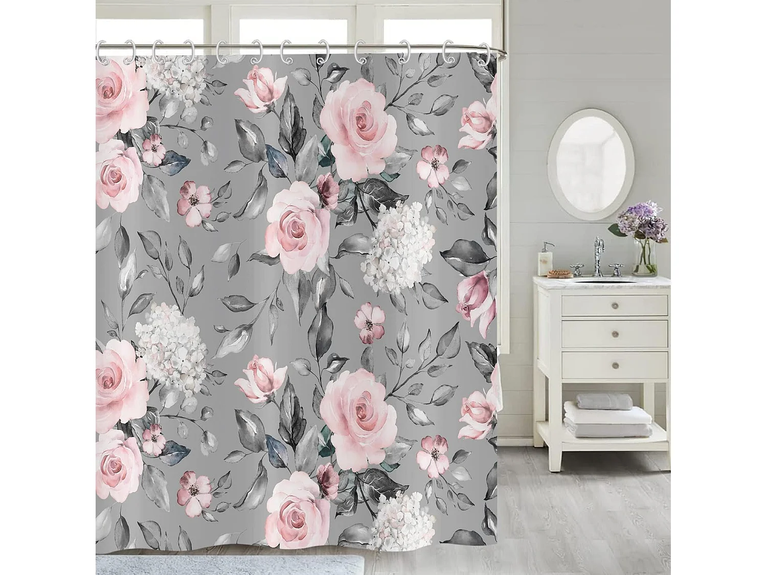 Rideau de Douche Fleurs 180x180, Rose Gris Fleur Rideau de Douche élégant Vintage Fleur Aquarelle Roses Rideau de Baignoire imperméable Polyester