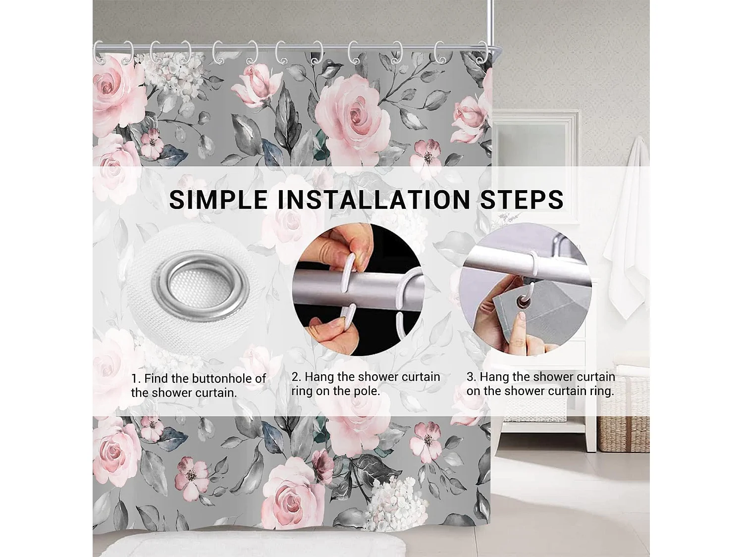 Rideau de Douche Fleurs 180x180, Rose Gris Fleur Rideau de Douche élégant Vintage Fleur Aquarelle Roses Rideau de Baignoire imperméable Polyester