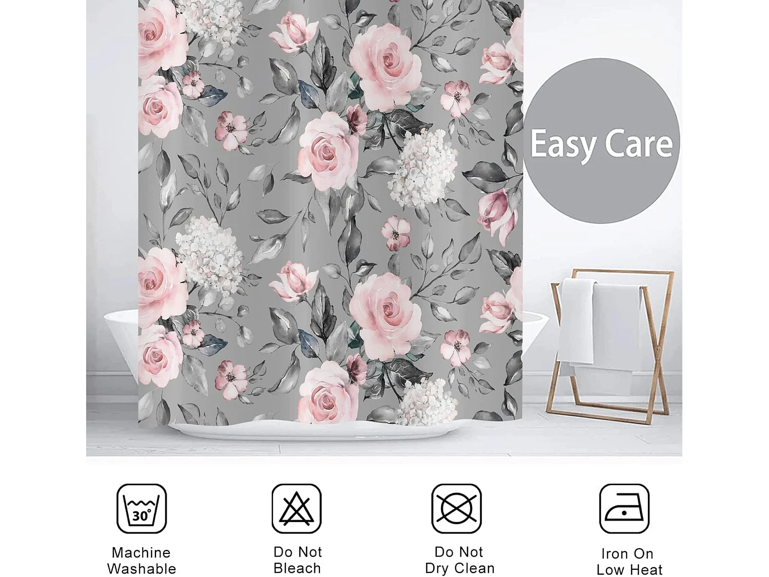 Rideau de Douche Fleurs 180x180, Rose Gris Fleur Rideau de Douche élégant Vintage Fleur Aquarelle Roses Rideau de Baignoire imperméable Polyester