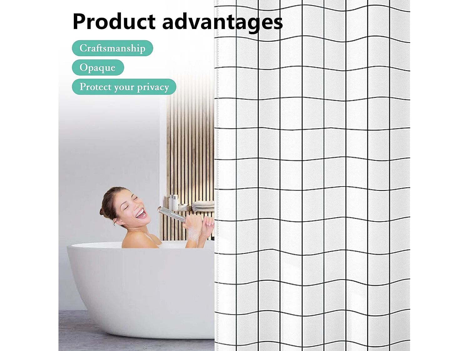 1pc,180 x 200 cm,Rideau de Douche Séchage Rapide Impermeable Ourlet Lesté Rideaux de Douche Polyester avec 12 Crochets