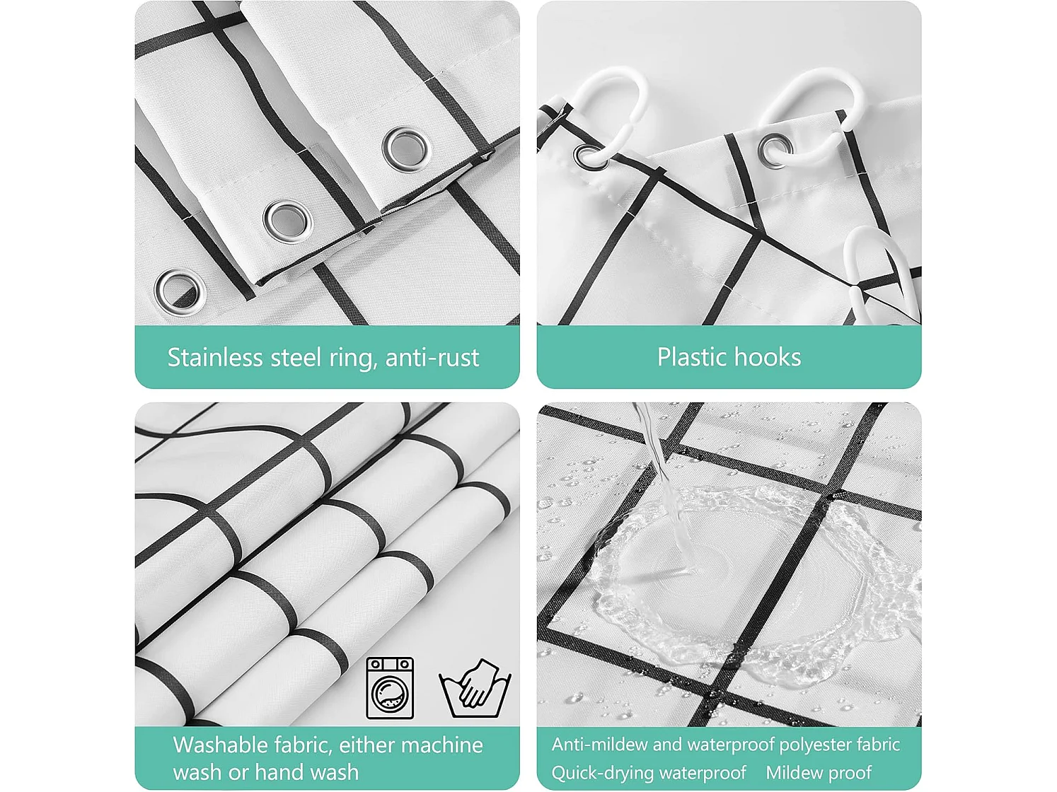 1pc,180 x 200 cm,Rideau de Douche Séchage Rapide Impermeable Ourlet Lesté Rideaux de Douche Polyester avec 12 Crochets