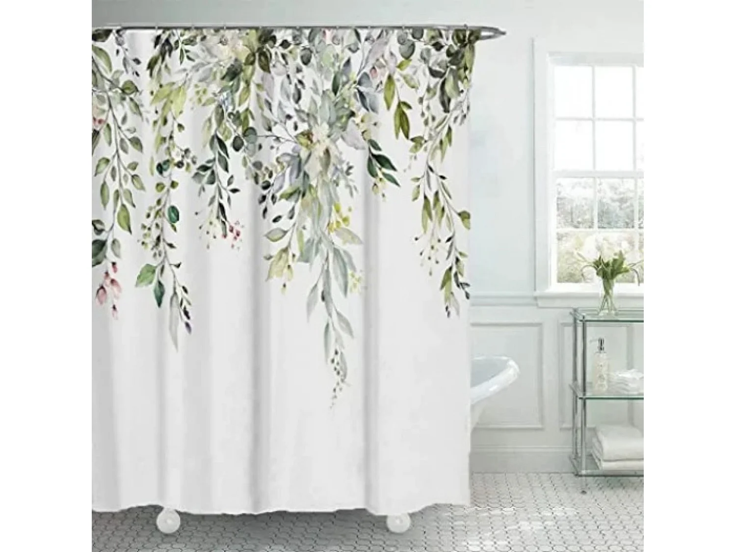 Ensemble de rideaux de douche en eucalyptus vert,feuilles d'aquarelle sur le dessus,décoration florale de salle de bain,180cm x 180cm avec 12 crochets