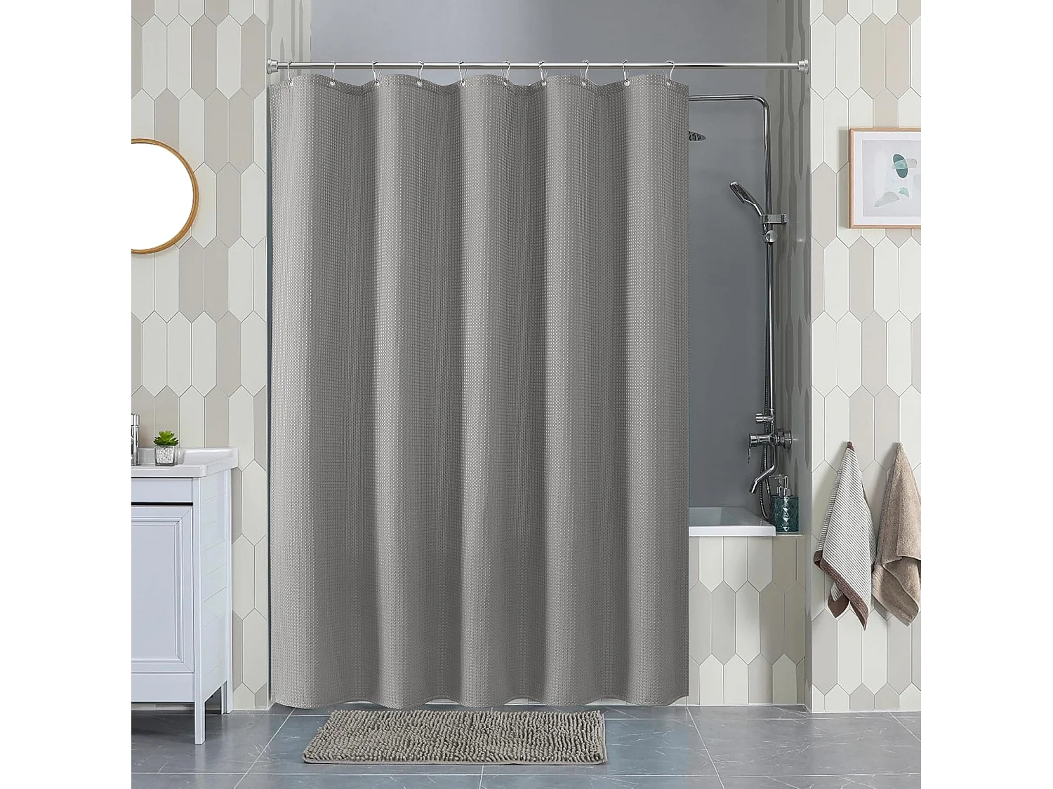 Rideau de douche gaufré avec anneaux métalliques, tissu polyester imperméable et résistant à la moisissure –182x182CM (Gris)