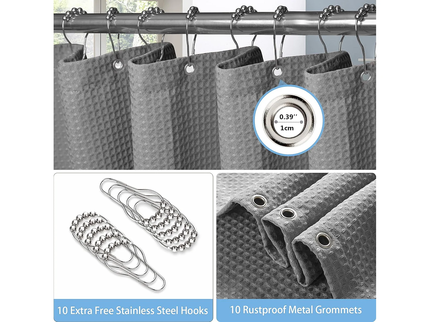 Rideau de douche gaufré avec anneaux métalliques, tissu polyester imperméable et résistant à la moisissure –182x182CM (Gris)