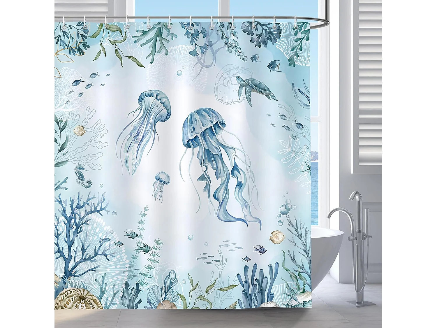 180 x 180 cm Rideau de Douche Bleu Océan Méduse Nautique Marin - Tissu Polyester Anti Moisissure Imperméable Lavable - Salle de Bain  avec 12 Crochets