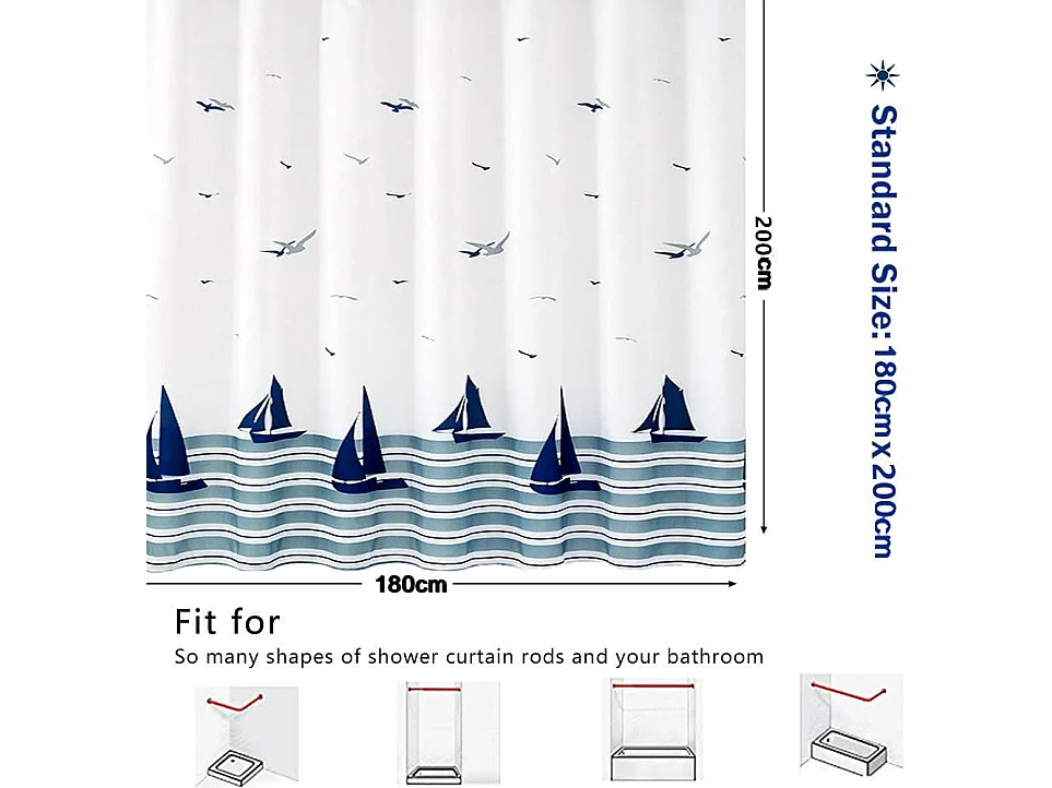 180x200 Rideau de Douche Anti Moisissure, Imperméable Lavable, Océan Rideaux Douche Tissu Polyester pour Baignoire Cabine de Douche, pour Salle de bai