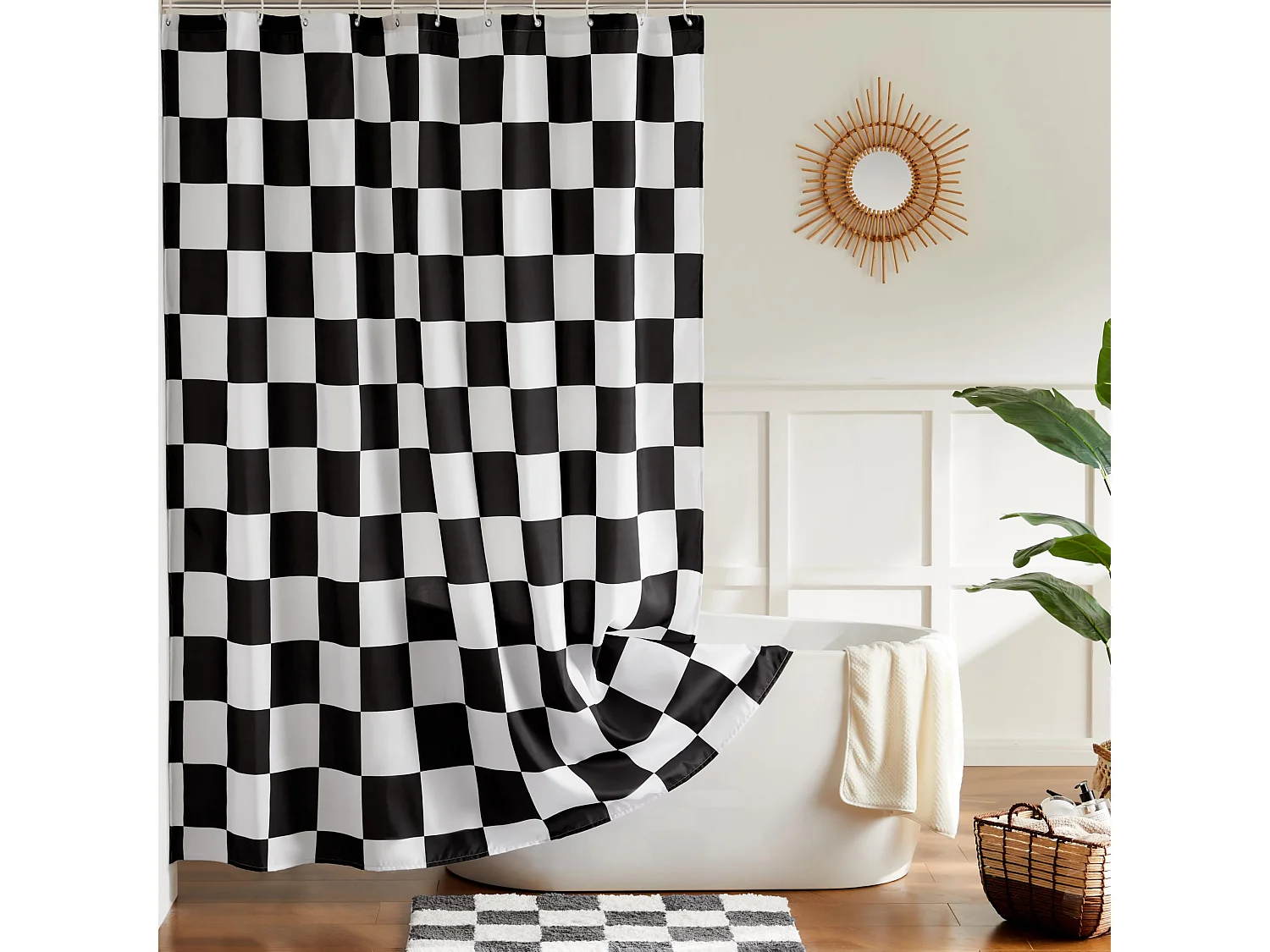 Rideau de douche lavable en machine à carreaux pour salle de bain, joli rideau de douche rétro en damier, 180 x 180 cm, noir