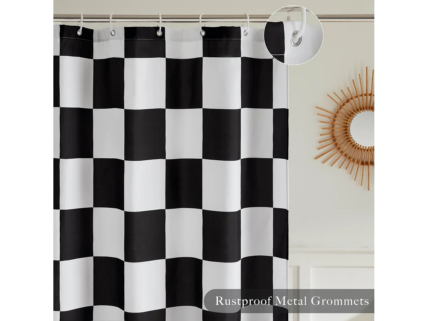 Rideau de douche lavable en machine à carreaux pour salle de bain, joli rideau de douche rétro en damier, 180 x 180 cm, noir