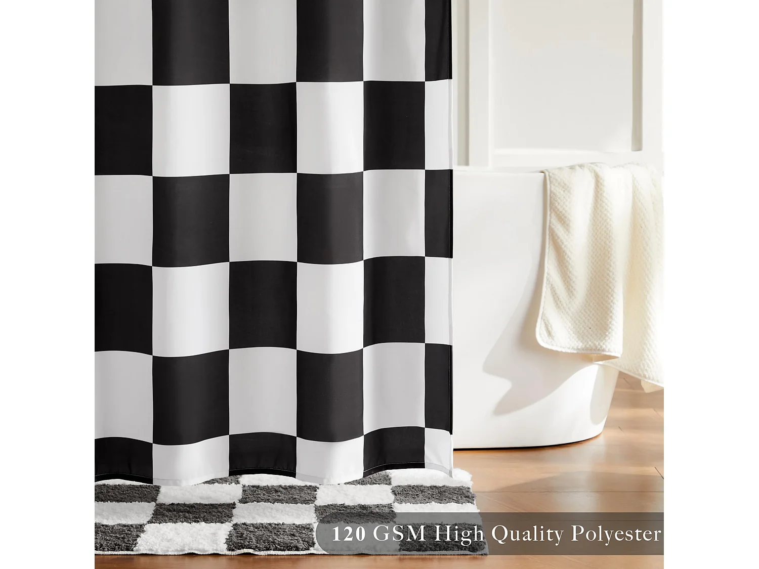 Rideau de douche lavable en machine à carreaux pour salle de bain, joli rideau de douche rétro en damier, 180 x 180 cm, noir
