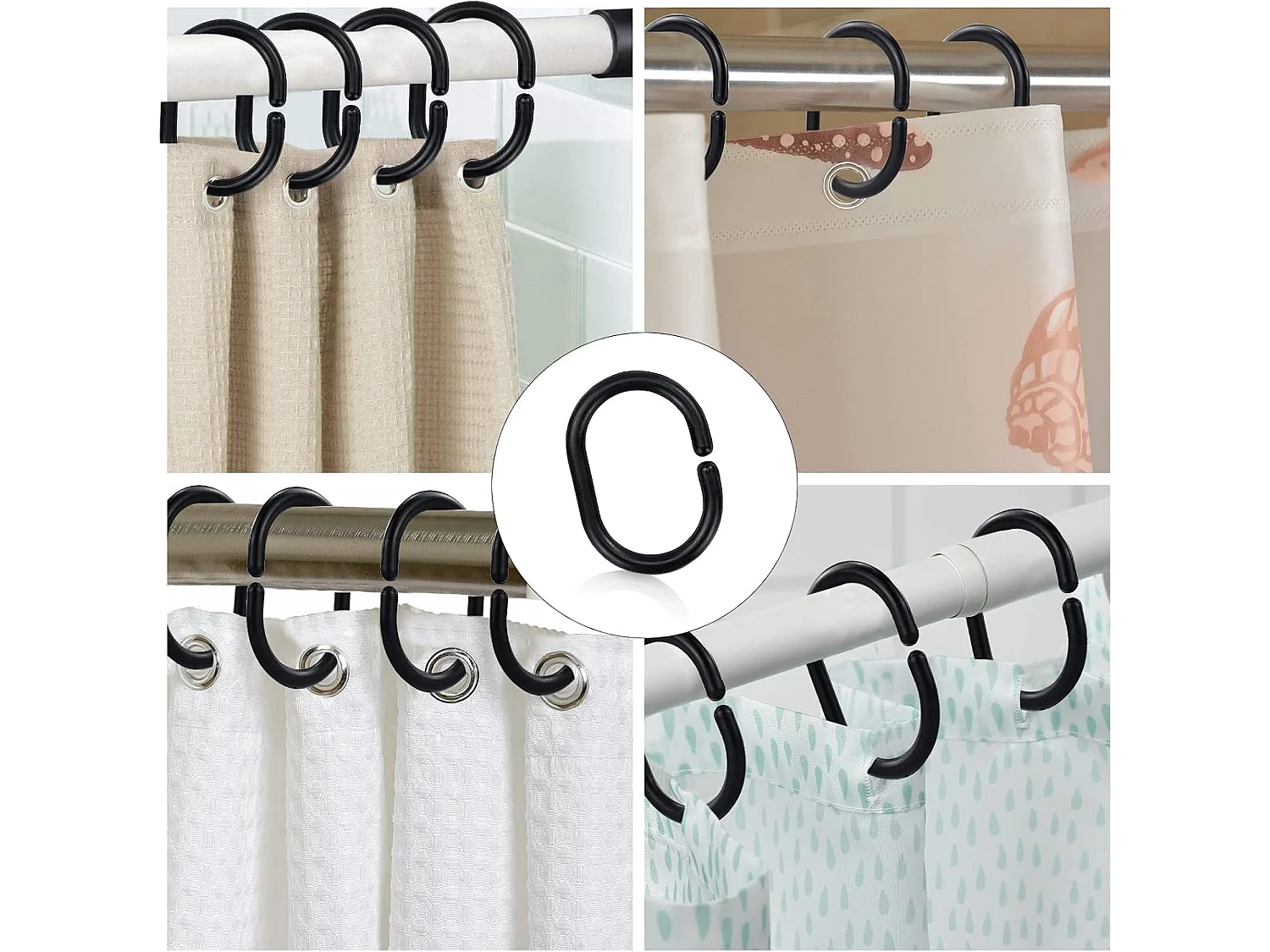 12 Anneaux de Rideau de Douche Noir, Plastique Coulissant, Résistants et Pratiques
