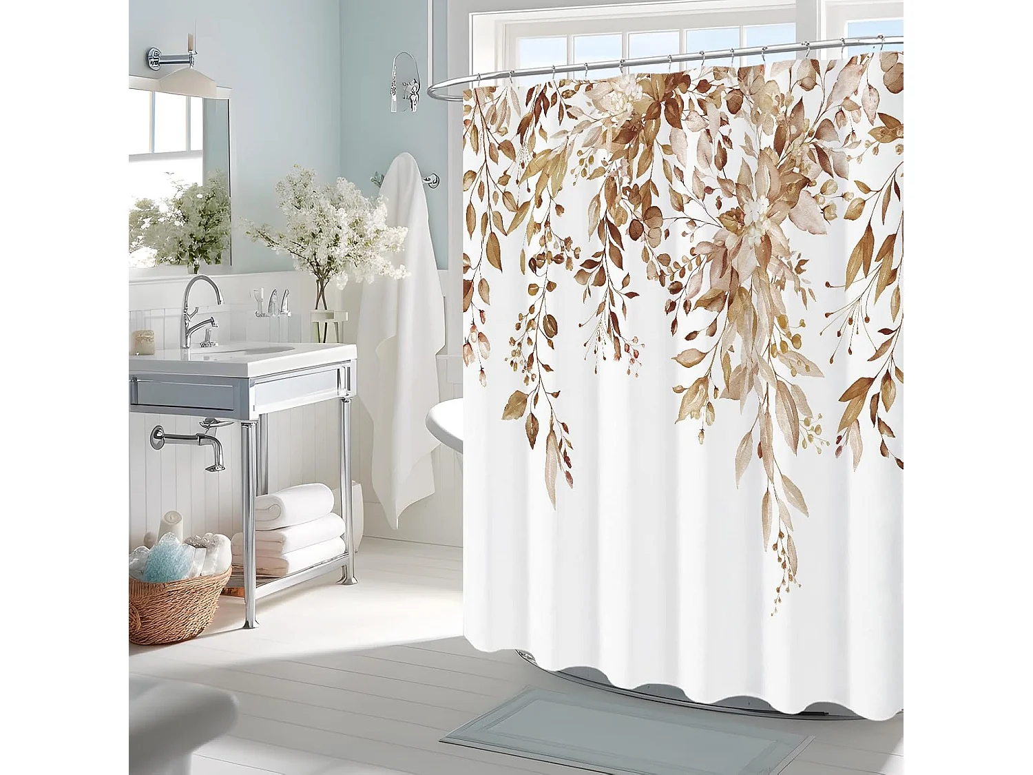 Rideau de douche marron, 180 x 200 cm, motif aquarelle, feuilles, fleurs, plantes, décoration de salle de bain, imperméable, avec crochets
