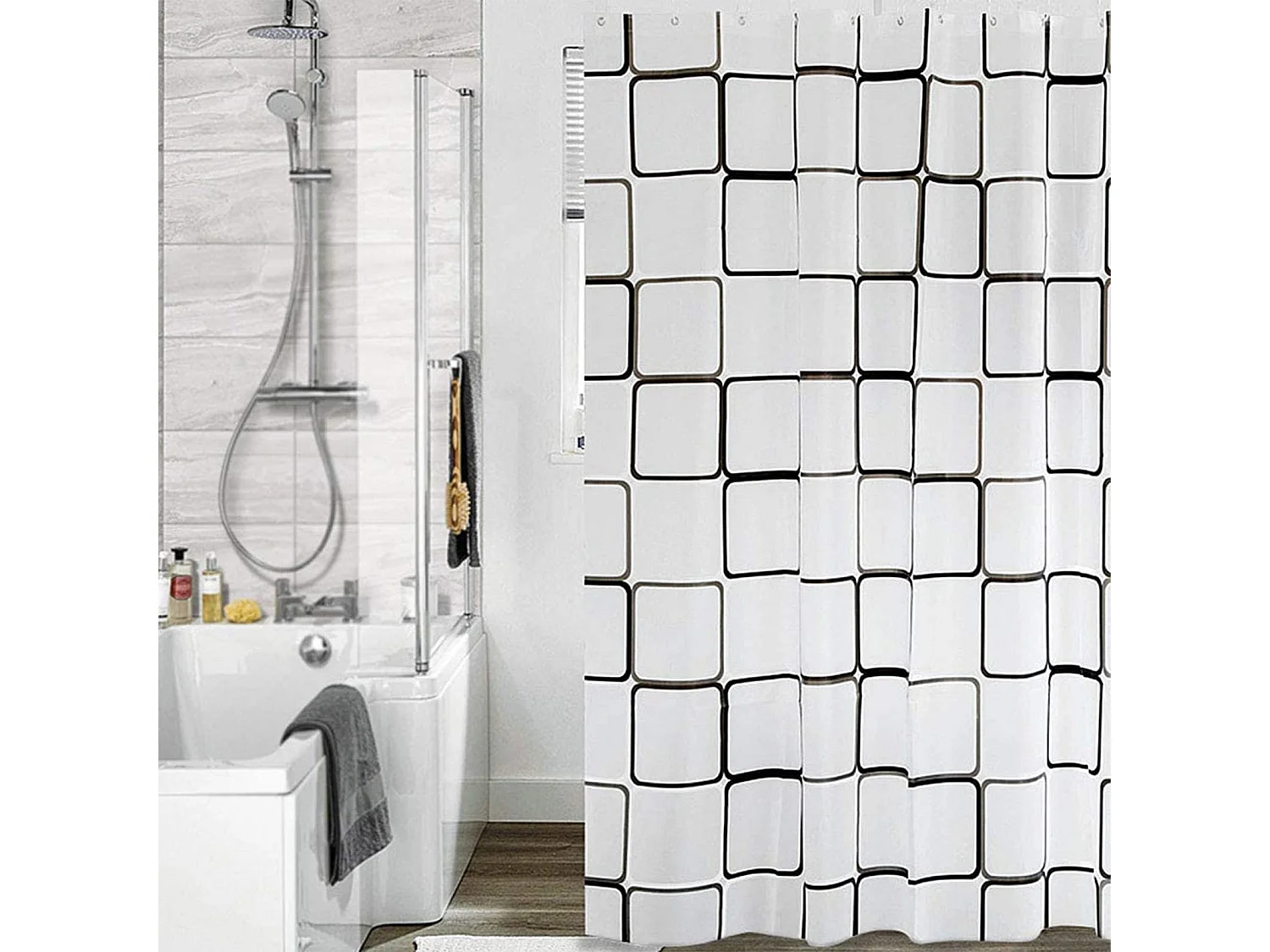Rideau de douche imperméable en tissu PEVA, doublure de 180x180cm, grand rideau de douche carré avec 12 crochets