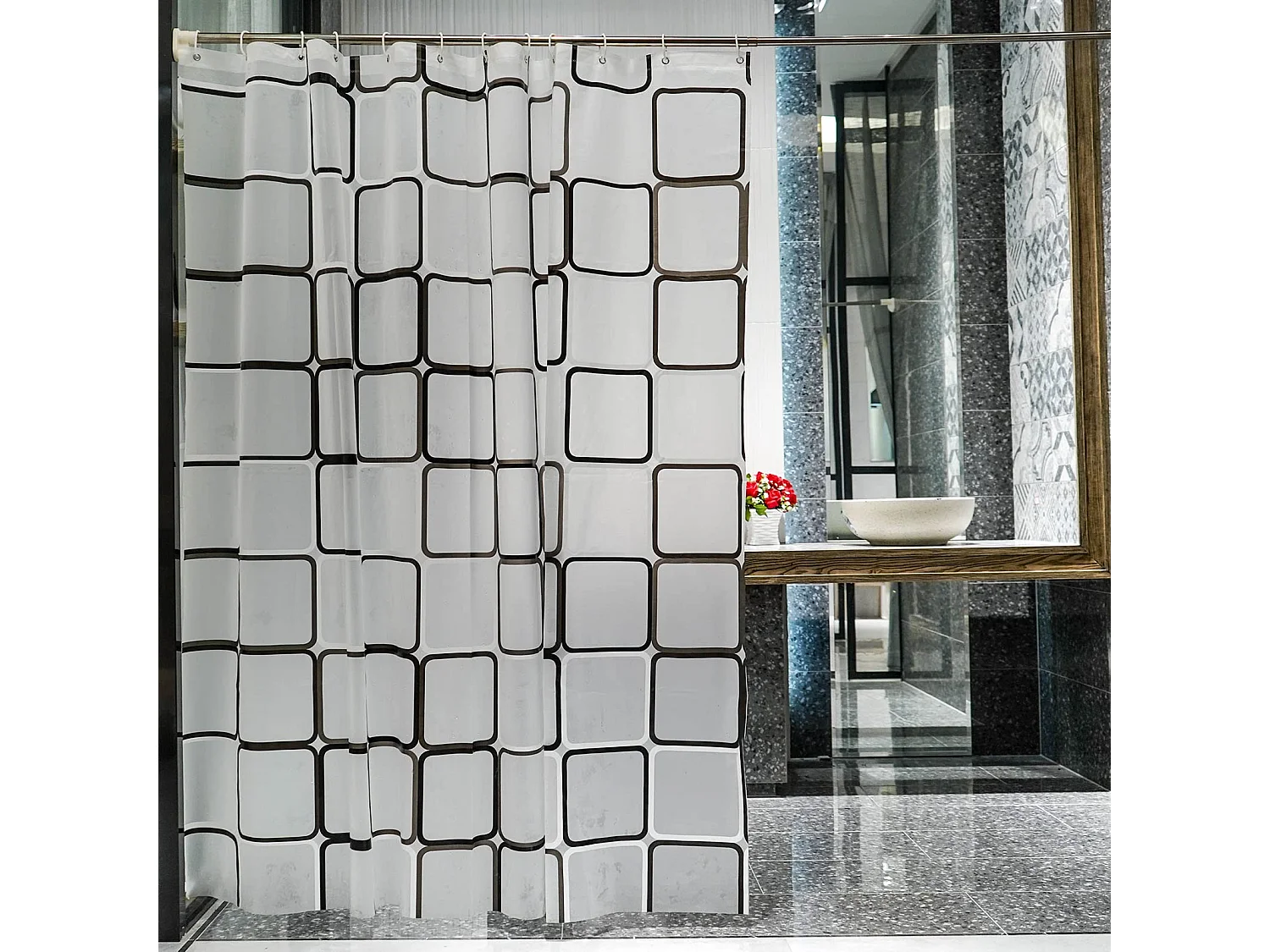 Rideau de douche imperméable en tissu PEVA, doublure de 180x180cm, grand rideau de douche carré avec 12 crochets