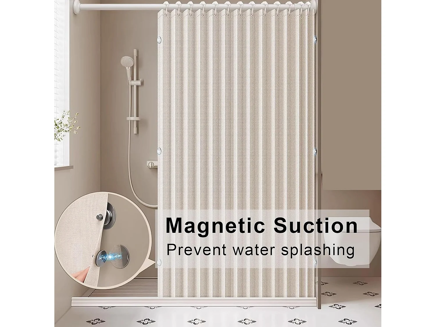Rideau de douche magnétique pliable, imperméable et résistant à la moisissure, magnétique, lin épais, non doublé, beige,180 x 180 cm.
