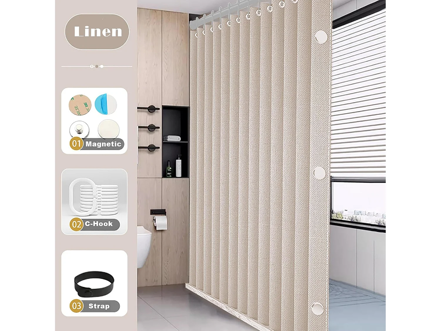 Rideau de douche magnétique pliable, imperméable et résistant à la moisissure, magnétique, lin épais, non doublé, beige,180 x 180 cm.