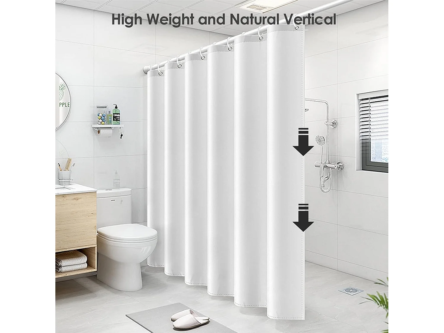 Rideau de Douche Anti-Moisissure 180 x 200 cm - Blanc, Imperméable, Lavable en Machine, 12 Crochets, Sans Percage