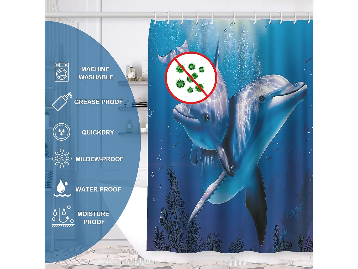 Rideau de Douche 100% Polyester pour Baignoire et Salle de Bains, Lavables, Anti-moisissure et Antibactérien 180 x 180 cm