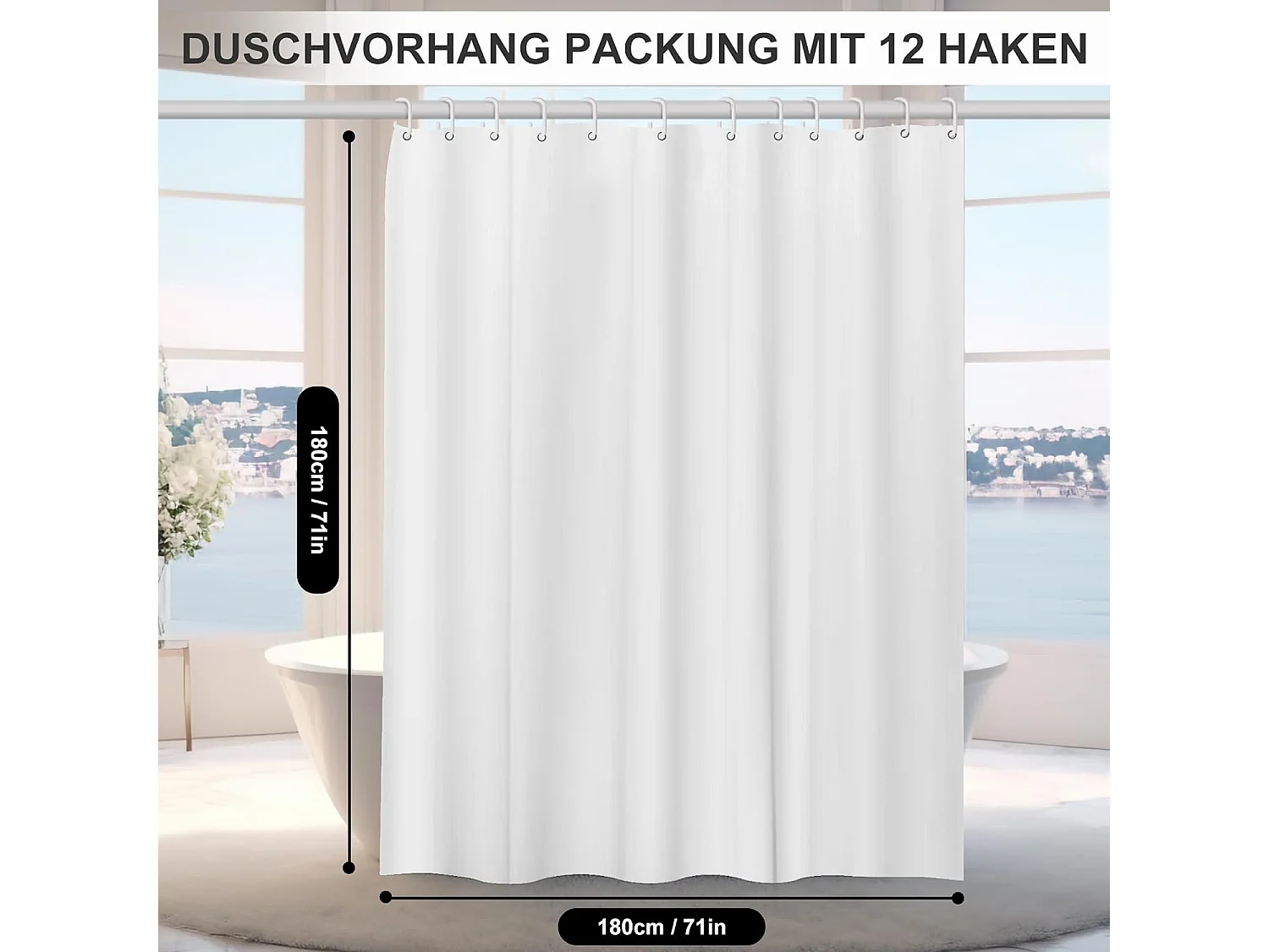 Rideau de douche transparent, 180 x 180 cm, anti-moisissure, lavable, avec 12 anneaux de rideau de douche (blanc pur)