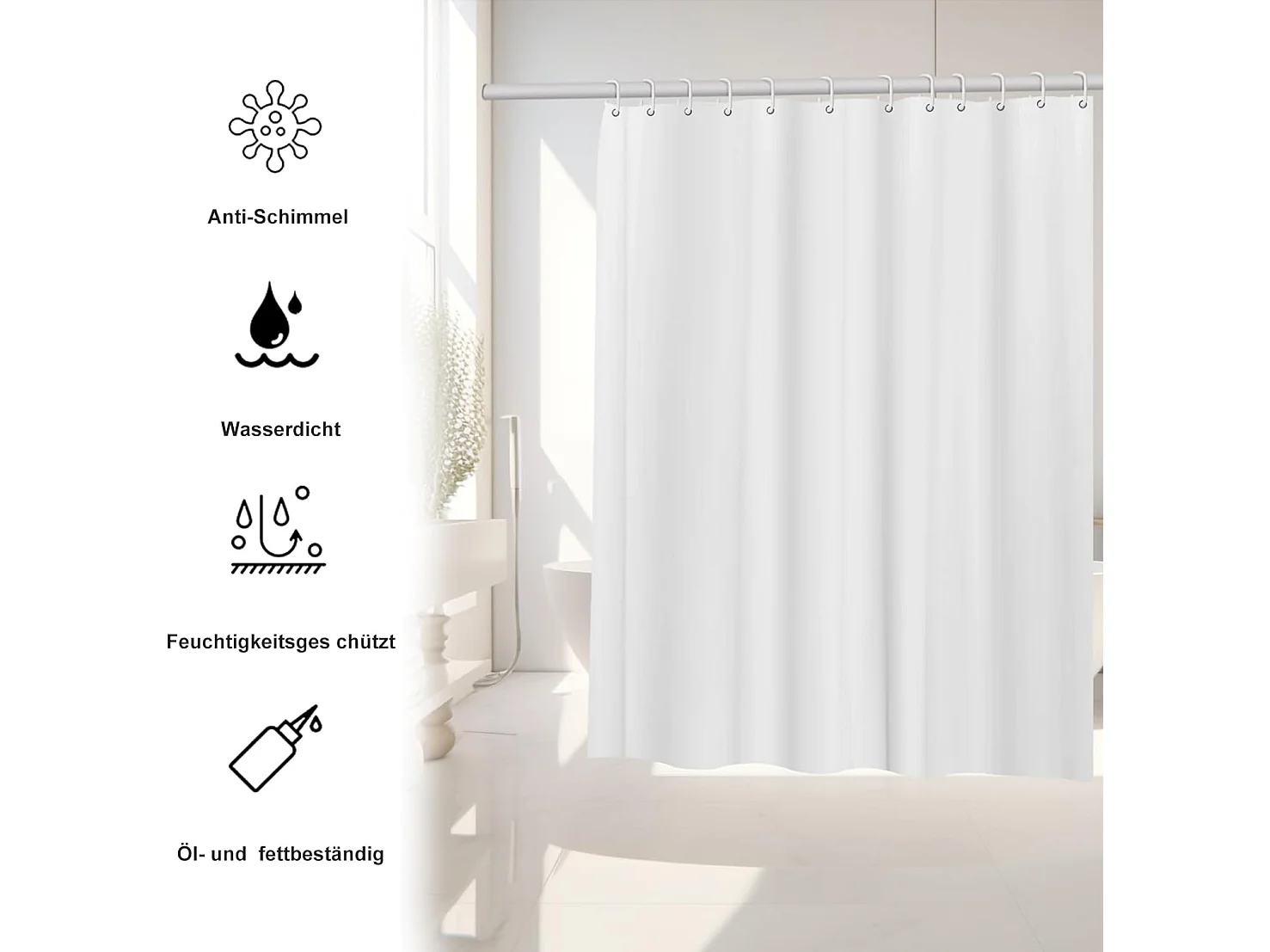Rideau de douche transparent, 180 x 180 cm, anti-moisissure, lavable, avec 12 anneaux de rideau de douche (blanc pur)