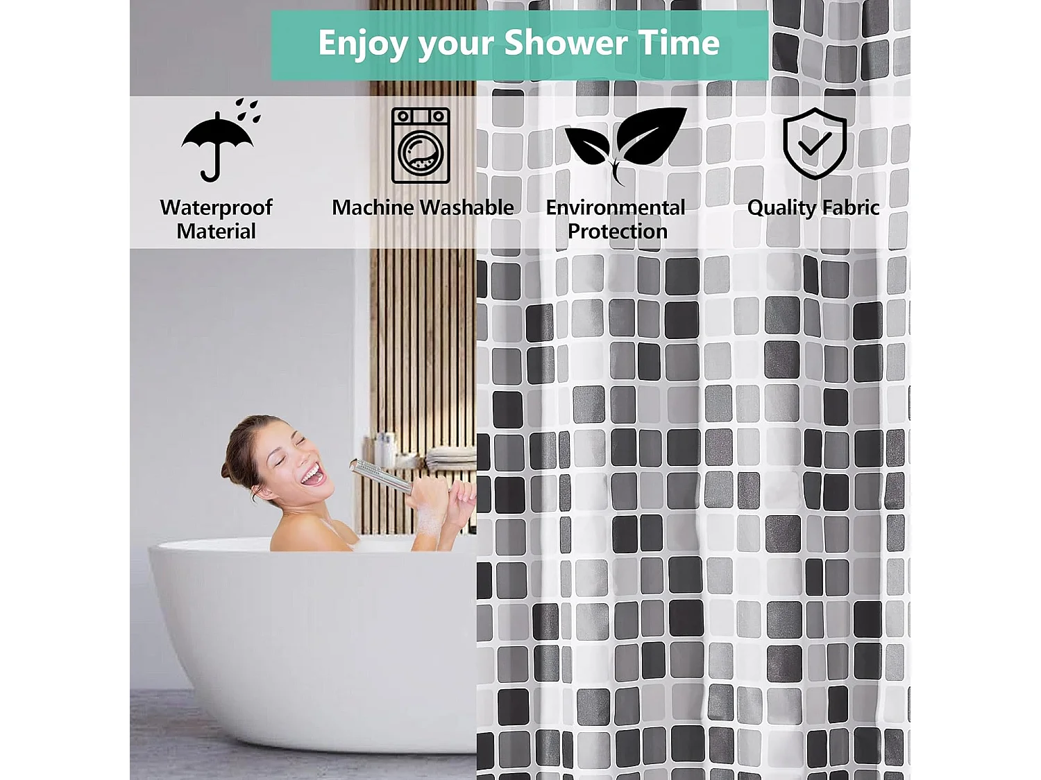 Rideau de douche mosaïque 180 x 200 cm - Rideau de douche lesté, anti-moisissure, lavable en machine, avec 12 anneaux, en polyester