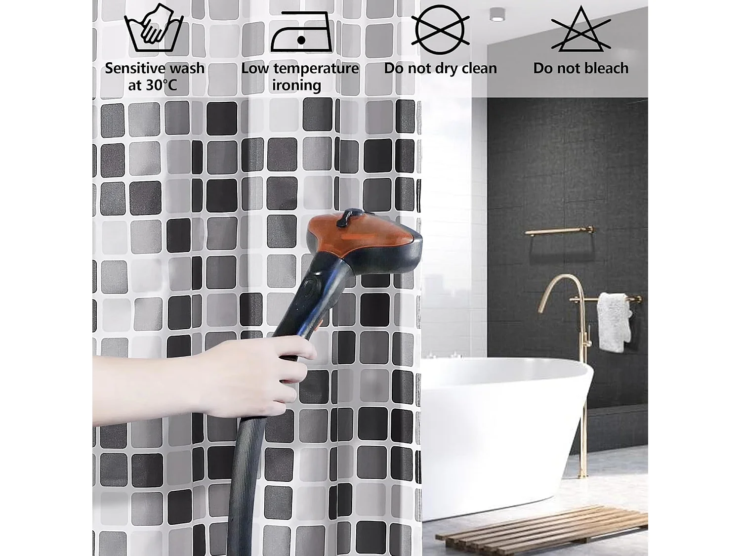 Rideau de douche mosaïque 180 x 200 cm - Rideau de douche lesté, anti-moisissure, lavable en machine, avec 12 anneaux, en polyester