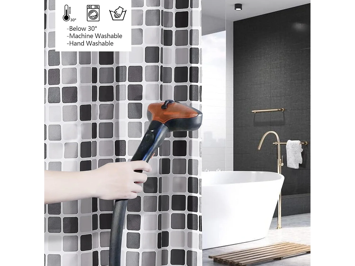 Rideau de douche mosaïque 180 x 200 cm - Rideau de douche lesté, anti-moisissure, lavable en machine, avec 12 anneaux, en polyester