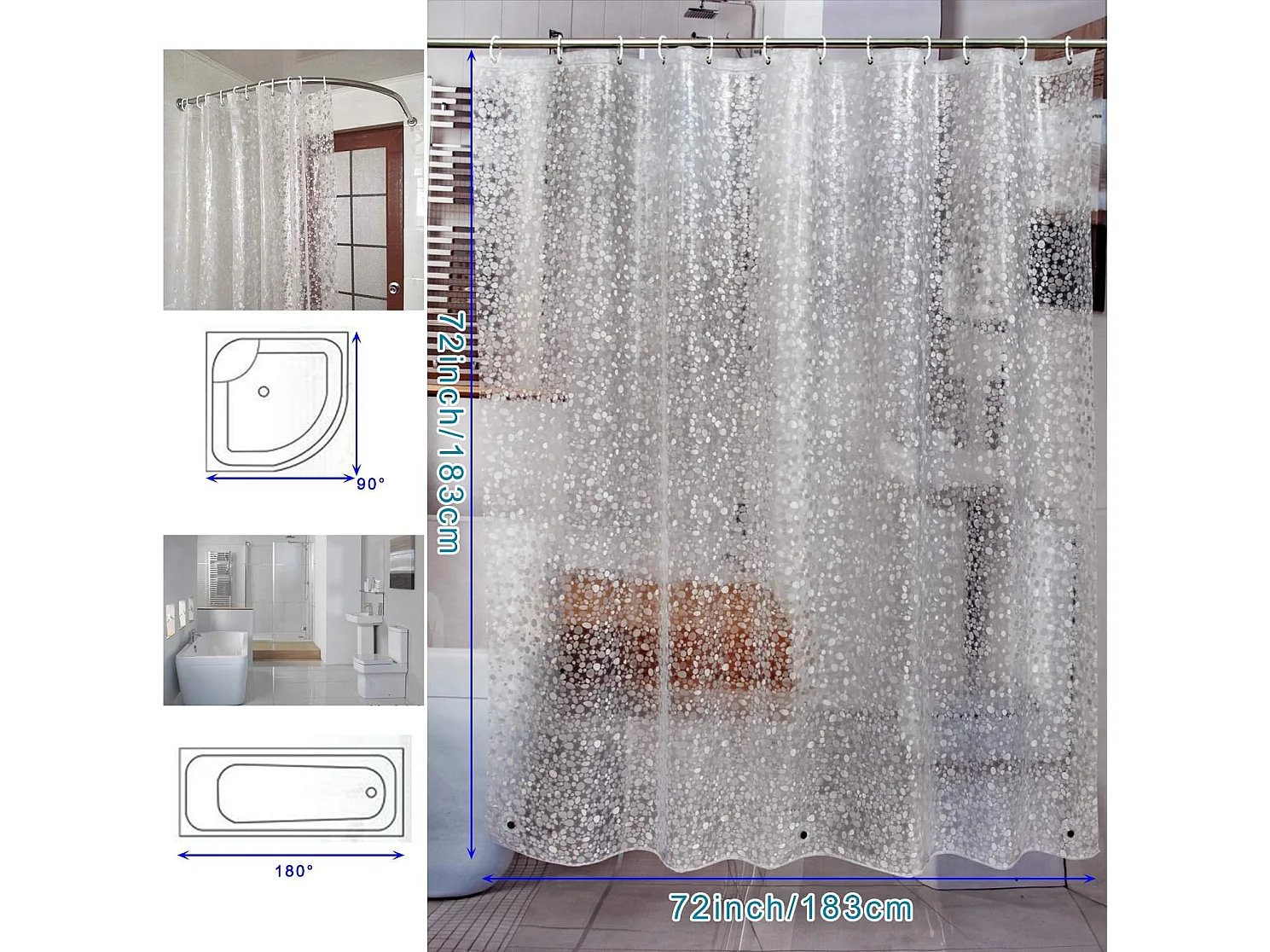 183 x 183 cm,  Doublure de rideau de douche imperméable en EVA de 8 g d'épaisseur avec 3 aimants inférieurs très résistants, doublure de douche pour