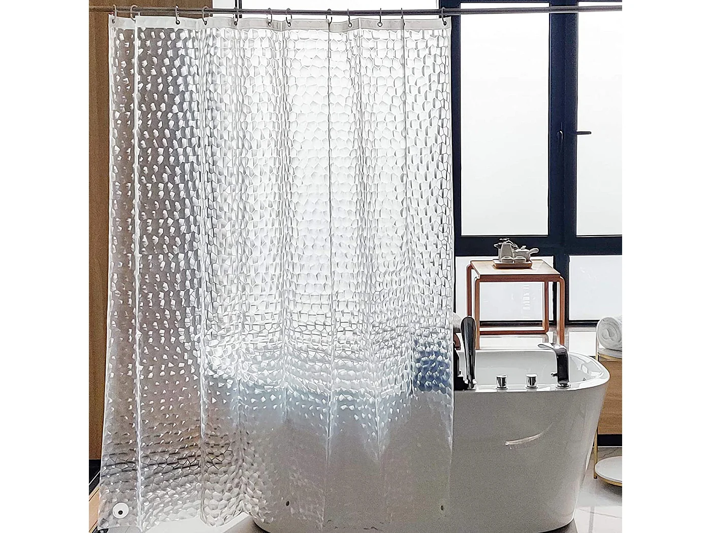 Rideaux de douche, rideau de douche 180 cm x 200 cm blanc motif semi-transparent en tissu PEVA rideau de douche de salle de bain avec crochets