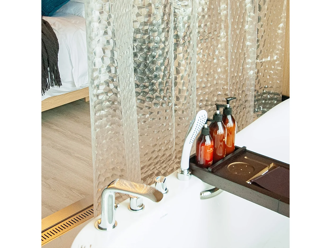 Rideaux de douche, rideau de douche 180 cm x 200 cm blanc motif semi-transparent en tissu PEVA rideau de douche de salle de bain avec crochets